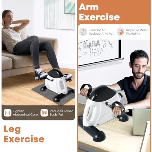 Mini Exercise Bike, AGM Under Desk Bike Pedal Exerciser Foot Cycle Arm & Leg Pedal Exerciser with LCD Screen Displays - color: White