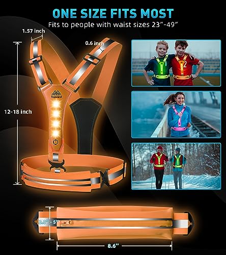 Topward LED Reflective Vest Running Gear, USB-C Rechargeable, Light Up Lights for Night Dog Walking Cycling, Running Phone Holder Vest for Runners, High Visibility with Adjustable Waist/Shoulder - color: orange