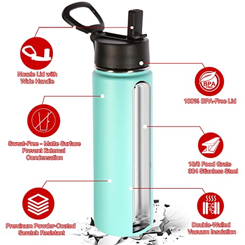 Volhoply Insulated Water Bottles with Straw Bulk 2 Pack, 22 oz Stainless Steel Sports Bottle with Handle Lid, Reusable Double Walled Vacuum Metal Travel Cold Water Cups with Wide Mouth (Mint,2 Set) - color: Mint