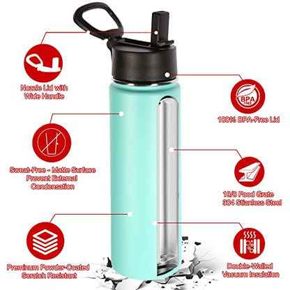 Volhoply Insulated Water Bottles with Straw Bulk 2 Pack, 22 oz Stainless Steel Sports Bottle with Handle Lid, Reusable Double Walled Vacuum Metal Travel Cold Water Cups with Wide Mouth (Mint,2 Set) - color: Mint