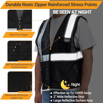 AYKRM 2 Pocket Mesh High Visibility Reflective Safety Vest for men & Women ANSI/ISEA 107 Standards - color: Black, size: 6X-Large