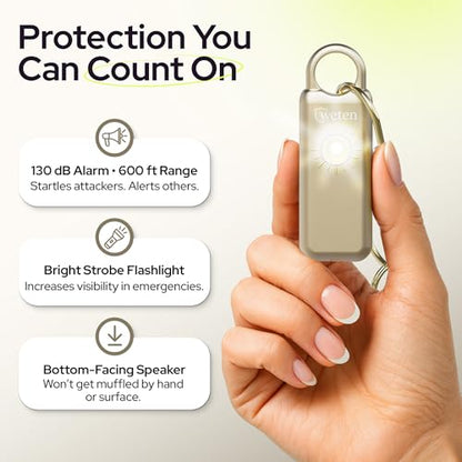 Personal Safety Alarm Keychain for Women, 130dB, LED Light, Gold Satin - color: Gold Satin