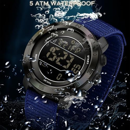 findtime Step Counter Watch No Phone Needed Pedometer for Walking Mens Women's Digital Watches with Calories Distance Alarm Countdown Timer Nylon Strap Blue