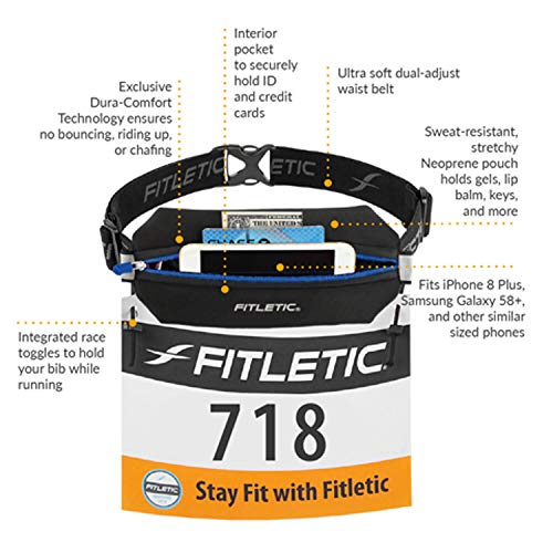 Fitletic Neo Race Belt, Black & Blue | Unique No Bounce Design for Marathon, Triathlon, Trail, 5k, 10k | Running Belt | N01R-04