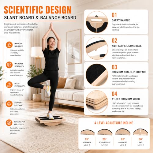 3-in-1 Adjustable Wooden Slant Board for Calf Stretching, Calf Stretcher, Slant Board for Exercise, Adjustable Incline Stretch Board, Non-Slip Squat Wedge for Legs, Ankles & Feet, 400 lbs Capacity