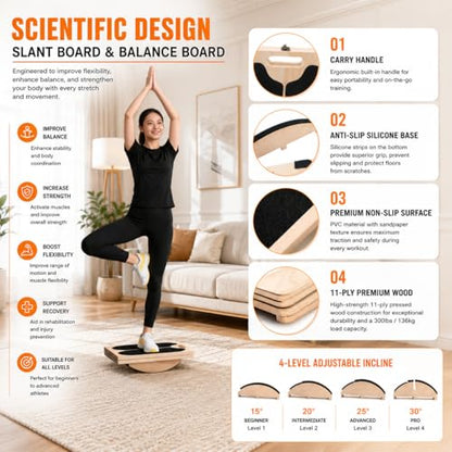 3-in-1 Adjustable Wooden Slant Board for Calf Stretching, Calf Stretcher, Slant Board for Exercise, Adjustable Incline Stretch Board, Non-Slip Squat Wedge for Legs, Ankles & Feet, 400 lbs Capacity