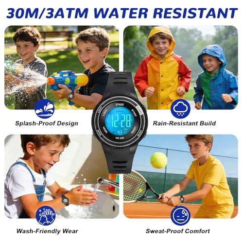 DTKID Digital Kids Watch 30 M Waterproof for Girls Boys 5-16 - color: Black