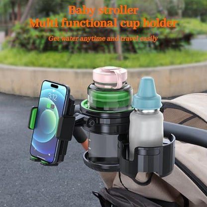 4-in-1 Universal Cup Holder for Stroller, Bicycle, Wheelchair & Shopping Cart | 360° Rotatable, Anti-Slip Silicone Grip Spill-Proof Design | Adjustable Single/Double Cup and Phone Holder【Green】