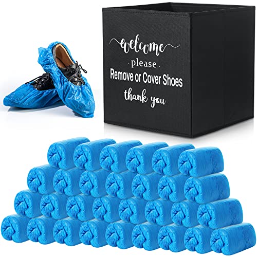 Unittype 300 Pcs Blue Disposable Waterproof Shoe Covers with 1 Pcs Indoor Foldable Storage Box Welcome Please Remove or Cover Shoes Sign for House, Fits up to Size 11 Us Men and 13 Us Women - color: Blue, size: 5.9 x 15.7 Inches