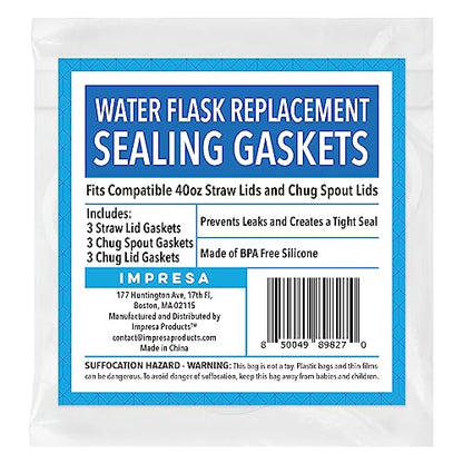 Impresa Water Bottle Gasket Replacement Set - 9-Pack, Compatible with Thermoflask 24/32/40/64 oz Bottles - Thermo Flask Rubber Seal & Wide Mouth Chug/Spout Lid