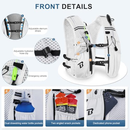 BECOJADDE Running Vest for Women Men, 5L/6L Lightweight Hydration Backpack Running Pack for Marathon, Trail, Cycling, Hiking, Jogging - color: White