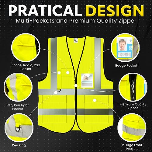 PeerBasics Safety Vest 10 Pack, Yellow, ANSI Class 2, Reflective, For Men Women Unisex, With Pockets Zipper, Breathable Mesh (XX-Large) - color: Yellow - 10 Pack, size: XX-Large