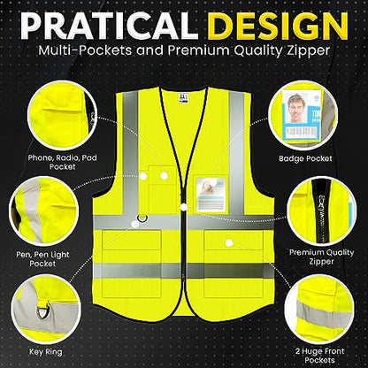 PeerBasics Safety Vest 10 Pack, Yellow, ANSI Class 2, Reflective, For Men Women Unisex, With Pockets Zipper, Breathable Mesh (X-Large) - color: Yellow - 10 Pack, size: X-Large