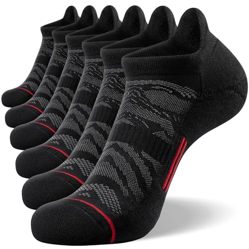 FITRELL Men's 6 Pack Ankle Running Socks Low Cut Cushioned Athletic Sports Socks 7-9/9-12/12-15 - color: Black+red, size: 9-12
