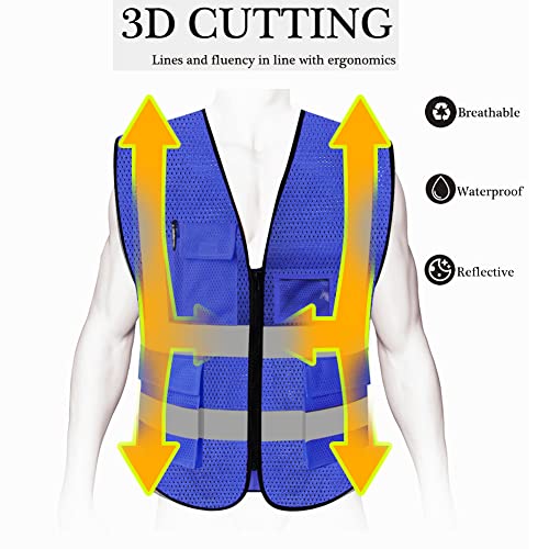 HYCOPROT High Visibility Mesh Safety Reflective Vest with Pockets and Zipper, Meets ANSI/ISEA Standards - color: Blue, size: X-Large