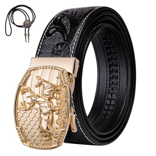 Dubulle Mens Ratchet Belt Gold Click Buckle Adjustable Leather Belts - color: Gold Jet Black, size: Adjustable from 36" to 45" Waist