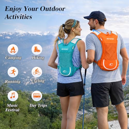 Lightweight 2 Pack Hydration Backpack with 2L Water Bladder for Hiking - color: Dark Teal & Orange