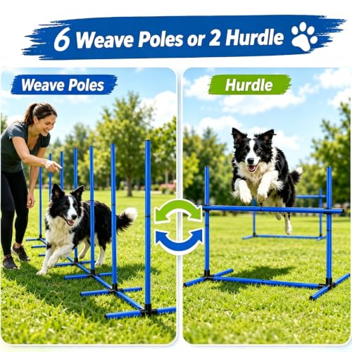 6 Weave Poles or 2 Hurdle Dog Agility Set, Indoor & Outdoor - color: Blue Weave Poles 6