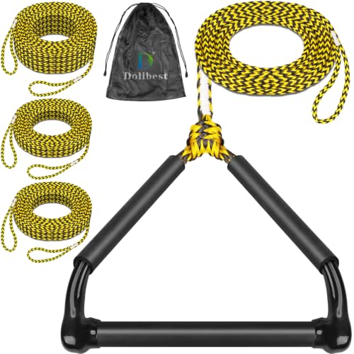 Dolibest 75FT Floating Water Ski Rope with Comfortable Handle, 4-Section Adjustable Wakeboard Tow Rope for Wakeboarding,Waterskiing,Kneeboarding & Tubing, 1600LB Strength & Reinforced End - color: Yellow + Black (with Foam)