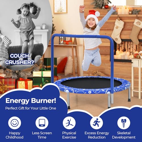 GYMAX Indoor Trampoline, 36” ASTM Approved Kids Trampoline with Removable Handrails & Safety Pad, Spring-Free Folding Mini Rebounder, Small Fitness Trampoline for Toddler/Adults - color: Blue