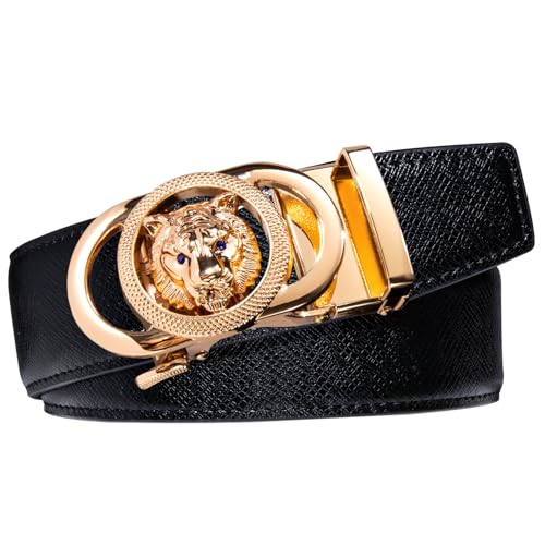 Dubulle Mens Ratchet Belt Gold Click Buckle Adjustable Leather Belts - color: Gold Black, size: Adjustable from 24" to 38" Waist