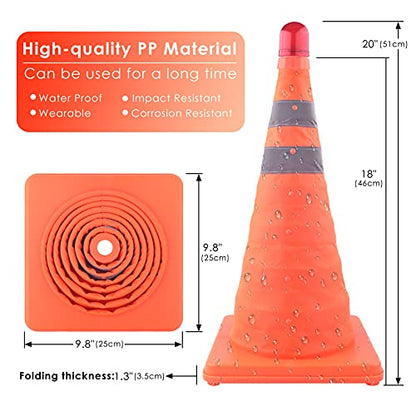 ERKOON 4 Pack 18 inch Collapsible Traffic Cones with Bag, Safety Cones with 4 LED Safety Road Parking Cones Driving Construction Cones Fluorescent Orange Pop Up Reflective Safety Traffic Cones - size: 18inch