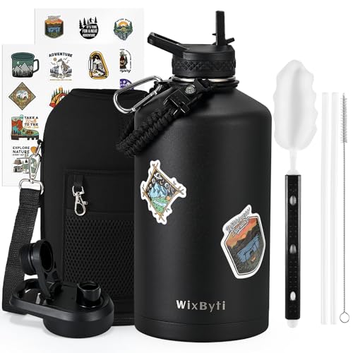 WixByti One Gallon Insulated Water Bottle, Stainless Steel 128oz Water Jug - color: Black, size: 128 Ounces