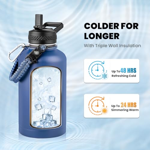 RAYMYLO Insulated Water Bottle 64 oz, Triple Wall Vacuum Stainless Steel - color: Dark Blue, size: 64 Ounces