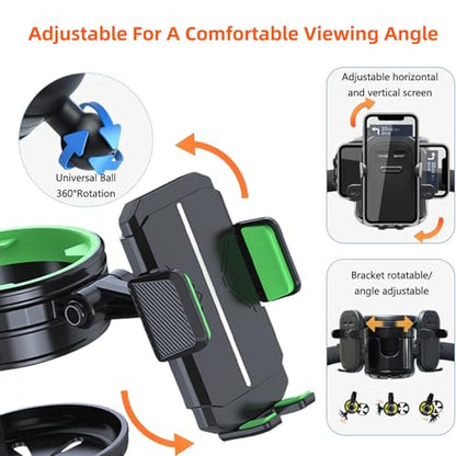 4-in-1 Universal Cup Holder for Stroller, Bicycle, Wheelchair & Shopping Cart | 360° Rotatable, Anti-Slip Silicone Grip Spill-Proof Design | Adjustable Single/Double Cup and Phone Holder【Green】