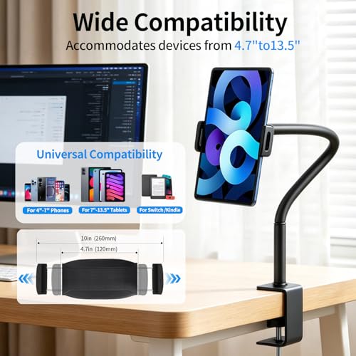 Tablet Stand Holder for Desk, Gooseneck iPad Holder Clamp Mount, 360° Adjustable Arm Mount for iPad mini/Air/Pro、Kindle Fire, Galaxy Tabs, All 4.7"-13.5" Tablets, for Work Meetings, Video, Kitchen