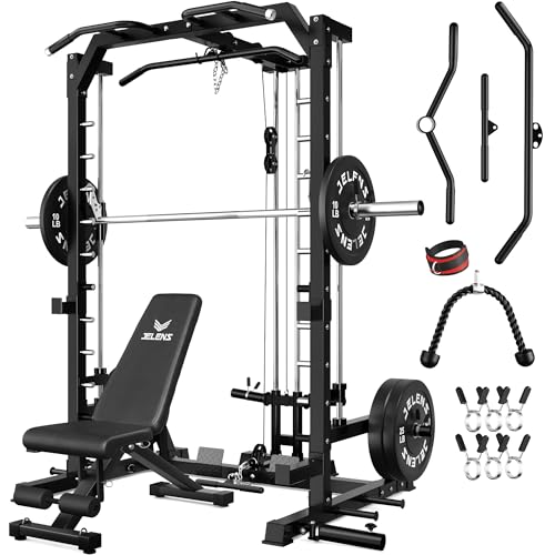 JELENS SR01 Smith Machine, 2000LBS Multi-Function Power Cage with LAT Pulldown System, All-in-One Home Gym Squat Rack with Smith Bar and Training Attachments for Full Body Workouts - color: Black, size: 140LB Black Weights Package