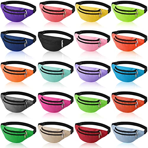 Tessco 20 Pcs Fanny Pack Bulk 80s 90s Waist Pack Sport Lightweight Belt Bag Running Waist Bag with Adjustable Belt and 2 Zippers for Women Men Travel Running Phone Holiday Gift