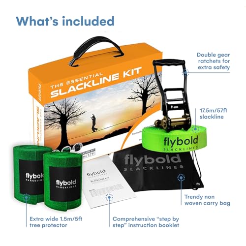 Flybold 57ft Slackline Kit - Slack Lines for Backyard for Kids and Adults with Tree Protectors, Carry Bag and Ratchet - Ninja Slackline Obstacle Course and Balance Rope for Core Strength Training - style: ESSENTIAL KIT