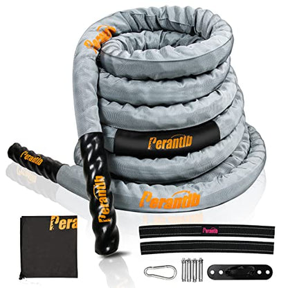 Perantlb Poly Battle Rope with Cloth Sleeve -1.25/1.5/2 Inch Diameter 30' 40' 50' Lengths -Gym Muscle Toning Metabolic Workout Fitness, Battle Ropes for Home Gym - style: 2" x 40 ft Length