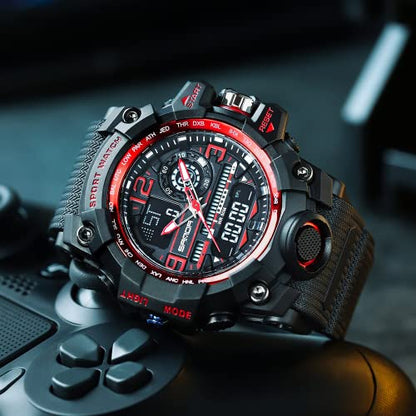 AIMES Men's Watches Sports Outdoor Waterproof Military Watch LED Date Alarm Stopwatch Multi-Function Tactics Big Face Wristwatch for Men - color: 3133-Red