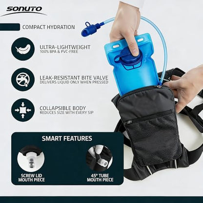 【Sonuto 2L Large Capacity Collapsible Sports Water Bottle】-Soft Flask Canteen with Wide Mouth-Portable Leak Proof and BPA -Free for Running, Hiking, Cycling, Gym Workouts