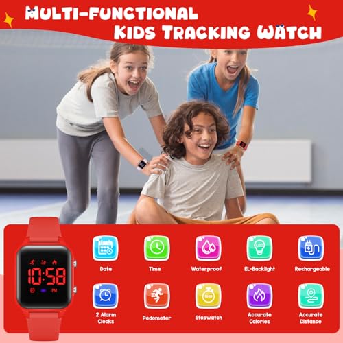 Kids Digital Watches for Boys Girls, Sports Watch with Fitness Tracker, Pedometer, Alarm Clocks, Stopwatch, No App Needed Waterproof Kids Watch, Gift for Teens Student Girls Boys Ages 5-14 - color: Red