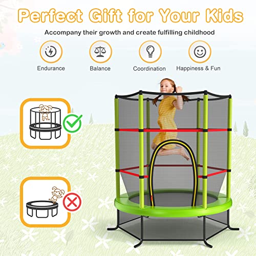 GYMAX Toddler Trampoline, 55” Trampoline for Kids with Bottom-to-Top All-Round Enclosure Net & Seamless Jumping Mat, ASTM Approved Easy Assembly Kids Mini Trampolines Indoor/Outdoor - color: Grass Green
