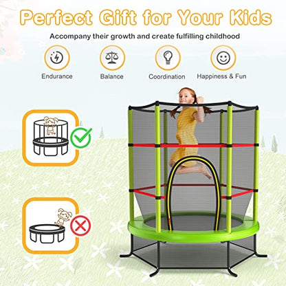 GYMAX Toddler Trampoline, 55” Trampoline for Kids with Bottom-to-Top All-Round Enclosure Net & Seamless Jumping Mat, ASTM Approved Easy Assembly Kids Mini Trampolines Indoor/Outdoor - color: Grass Green