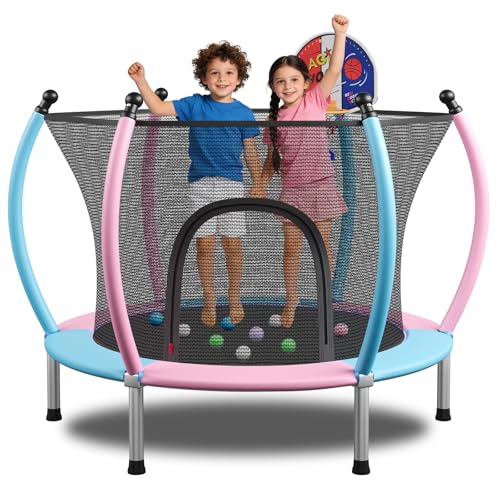55/60" Trampoline for Kids, 4.5/5 FT Toddler Trampoline with Enclosur Net, Basketball Hoop & Sandbag, 440 LBS Capacity, Adjustable Height，Gifts for Ages 3-12 Boys & Girls - color: Pink-Blue, size: 60x60x55 IN