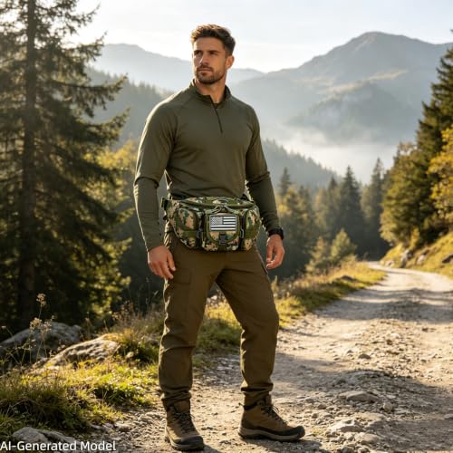 Hiking Fanny Pack Waist Bag, Portable Tactical Fanny Pack with 5 Zipper Pockets, Large Crossbody Waist Belt Hip Bag for Men Women Fishing Travel Cycling Bumbag with U.S Patch - Woodland Camo - color: Woodland Camo