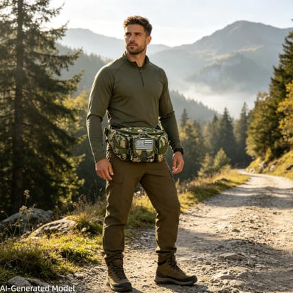 Hiking Fanny Pack Waist Bag, Portable Tactical Fanny Pack with 5 Zipper Pockets, Large Crossbody Waist Belt Hip Bag for Men Women Fishing Travel Cycling Bumbag with U.S Patch - Woodland Camo - color: Woodland Camo