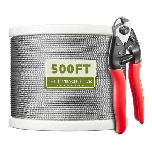 500FT 1/8" T316 Stainless Steel Cable for Railing, 7x7 Wire Rope - size: 500 ft