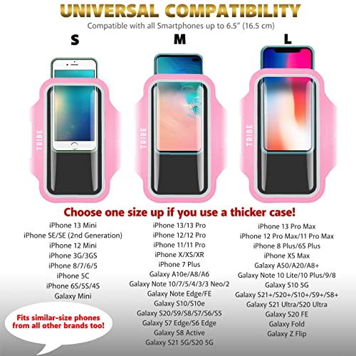 TRIBE Water Resistant Cell Phone Armband Case Running Holder for iPhone Pro Max Plus Mini SE (13/12/11/X/XS/XR/8/7/6/5) Galaxy S Ultra Plus Edge Note (21/20/10/9/8/7/6/5) Adjustable Strap & Key Pocket - color: Pink, size: S: iPhone Mini/8/7/6/5/4/3/SE/Gal