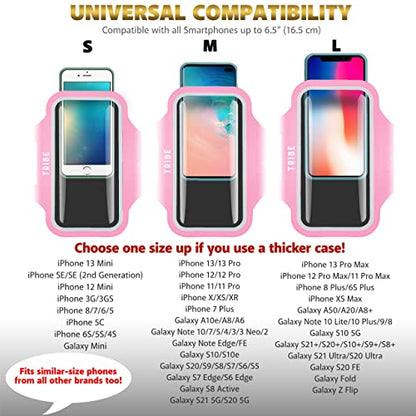TRIBE Water Resistant Cell Phone Armband Case Running Holder for iPhone Pro Max Plus Mini SE (13/12/11/X/XS/XR/8/7/6/5) Galaxy S Ultra Plus Edge Note (21/20/10/9/8/7/6/5) Adjustable Strap & Key Pocket - color: Pink, size: S: iPhone Mini/8/7/6/5/4/3/SE/Gal