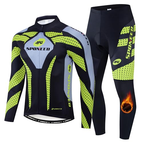 sponeed Men's Cycling Jersey Full Sleeve Riding Wear Long Sleeve T Shirts Pants - color: Fleece Green, size: X-Large