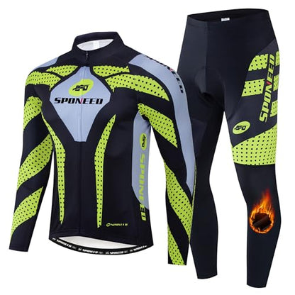 sponeed Men's Cycling Jersey Full Sleeve Riding Wear Long Sleeve T Shirts Pants - color: Fleece Green, size: X-Large
