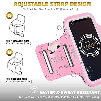 TRIBE Water Resistant Cell Phone Armband Case Running Holder for iPhone Pro Max Plus Mini SE (13/12/11/X/XS/XR/8/7/6/5) Galaxy S Ultra Plus Edge Note (21/20/10/9/8/7/6/5) Adjustable Strap & Key Pocket - color: Pink, size: S: iPhone Mini/8/7/6/5/4/3/SE/Gal