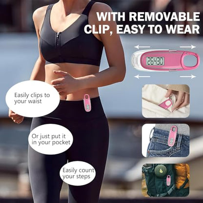 3D Pedometer for Walking with Removable Clip and Carabiner Simple Step Counter for Walking Accurate Clip On Step Tracker for Men Women Kids - color: Pink