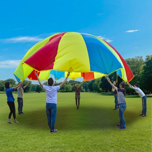 Sonyabecca Parachute, Play Parachute 10ft 12ft 16ft with 12 Handles 20ft 24ft with 16 Handles for Kids Cooperation Group Play (16 Feet) - size: 16FT with 12 Handles